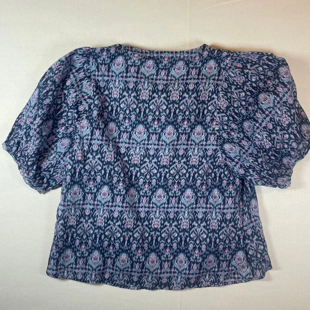 Banana Republic‎ Petite Blue Pink Ikat Print Lace Up Puff Sleeve Top - Size S